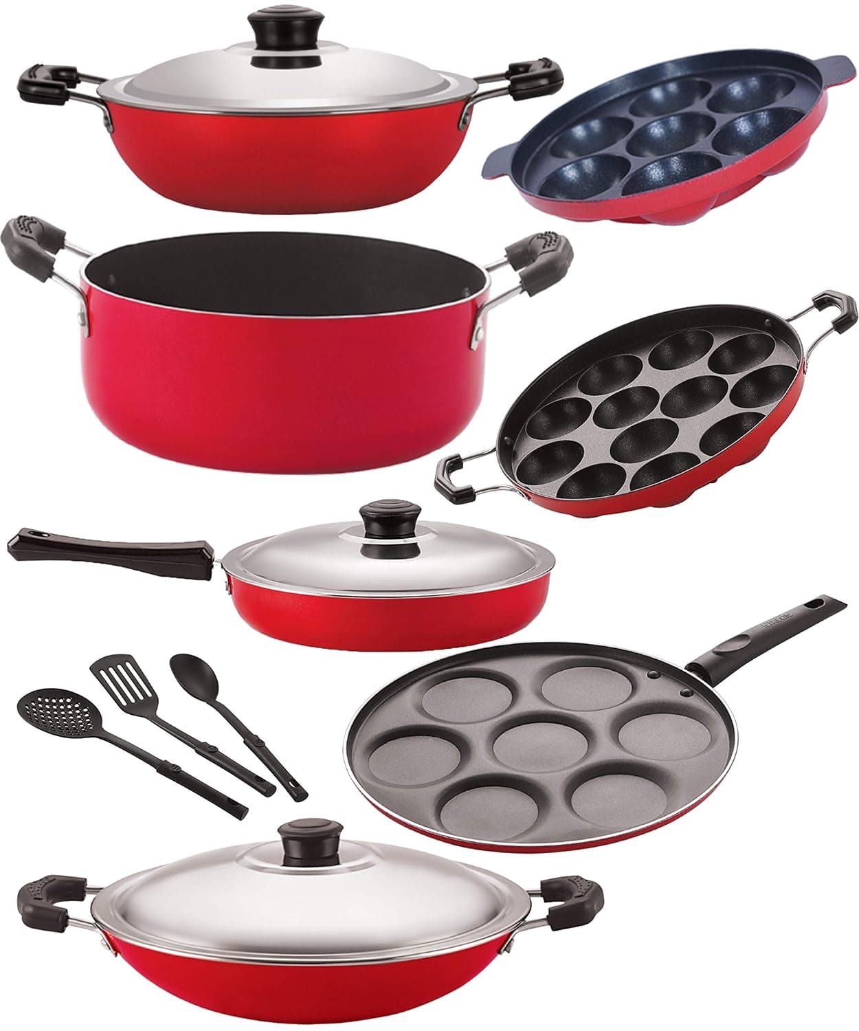 Nirlon Non Stick PFOA Free Scratch Resistant Coating Cookware Set of10 Pieces (2.6mm_DKD(J)_CS22_AC_AP7_AP12_UP7_FP12_3spoon)