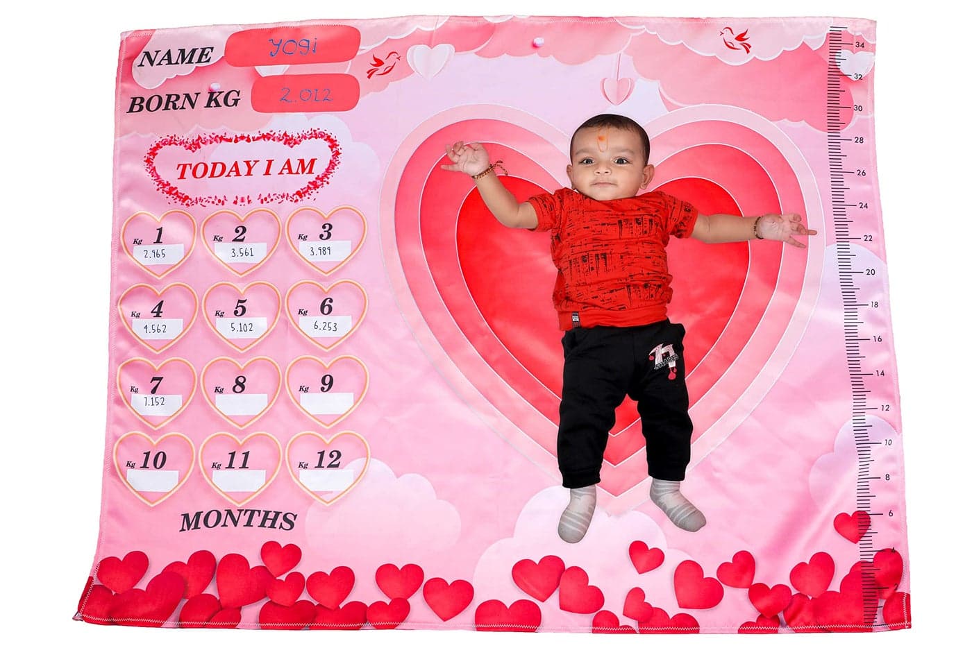 Keshav Creation Baby Boy's and Baby Girl's Monthly Milestone Forever Love Growth Chart Picture Blanket with Month Marker Multicolour 0 to 12 Months_Heart