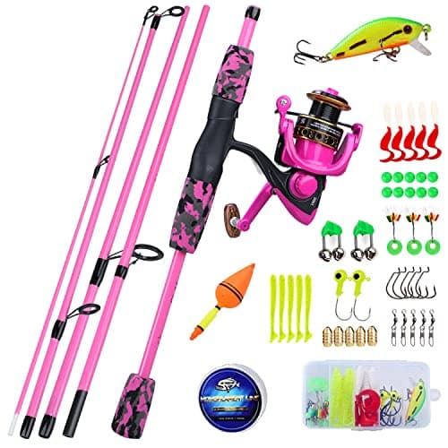 Sougayilang Spinning Fishing Rod, 5-Piece Portable Fishing Pole and Reel Combo for Boys, Girls and Adults-Pink 5.5ft Rod + 1000 Reel + Lures Kit