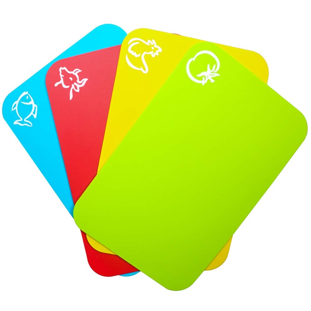 Carrollar Small Flexible Plastic Cutting Board Mats Cutting Boards Mats With Food Icons Gripped Back and Dishwasher Safe Set of 4 75x114inch