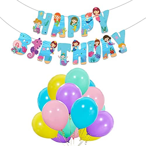 Festiko® Mermaid Theme Happybirthday Theme Party Decoration 53 Pcs Combo,Mermaid Themes Party Favors for Kids Birthday Decoration(Banner/Bunting & Balloons with Ribbons)