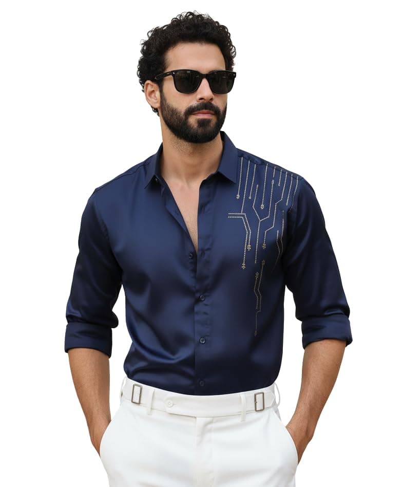 IndoPrimo Men’s Stylish Satin Shirt for Party, Formal, Daily and Casual Wear Full Sleeve Shirt for Men Navy