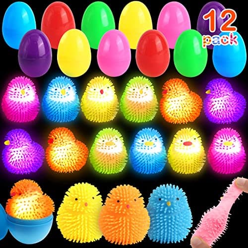 12 Pack Easter Eggs Fillers LED Chick Puffer Balls, Easter Basket Stuffers with Light Up Stress Relief Fidget Toys Squeeze Ball, Easter Egg Hunt Party Favor for Kids Boys Girls Toddler Teens