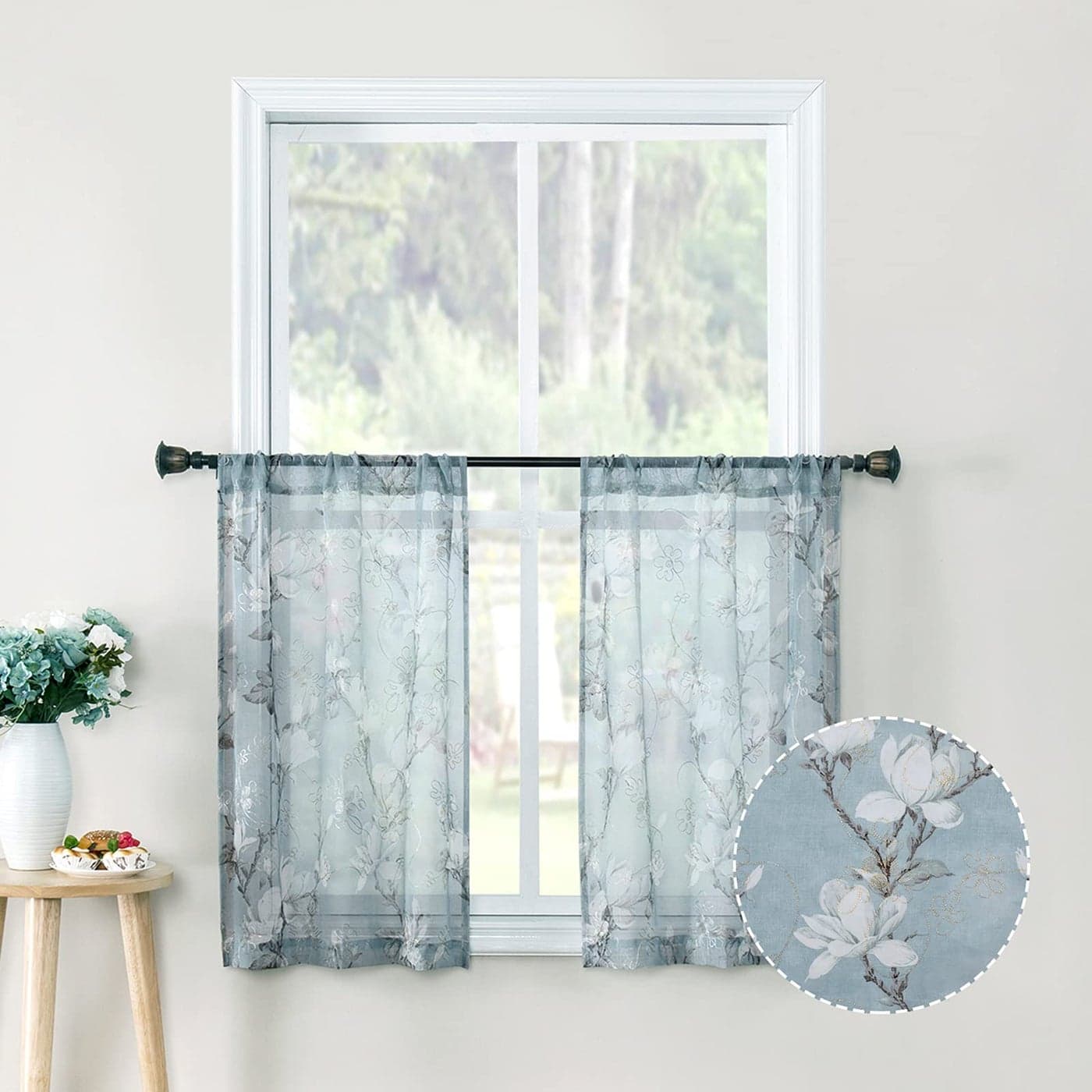 Tollpiz Floral Blue Sheer Tier Curtain Flower Print Vine Embroidery Kitchen Half Curtains Rod Pocket Caf Voile Window Curtain for Bathroom 30 x 36 inches Long Set of 2 Panels