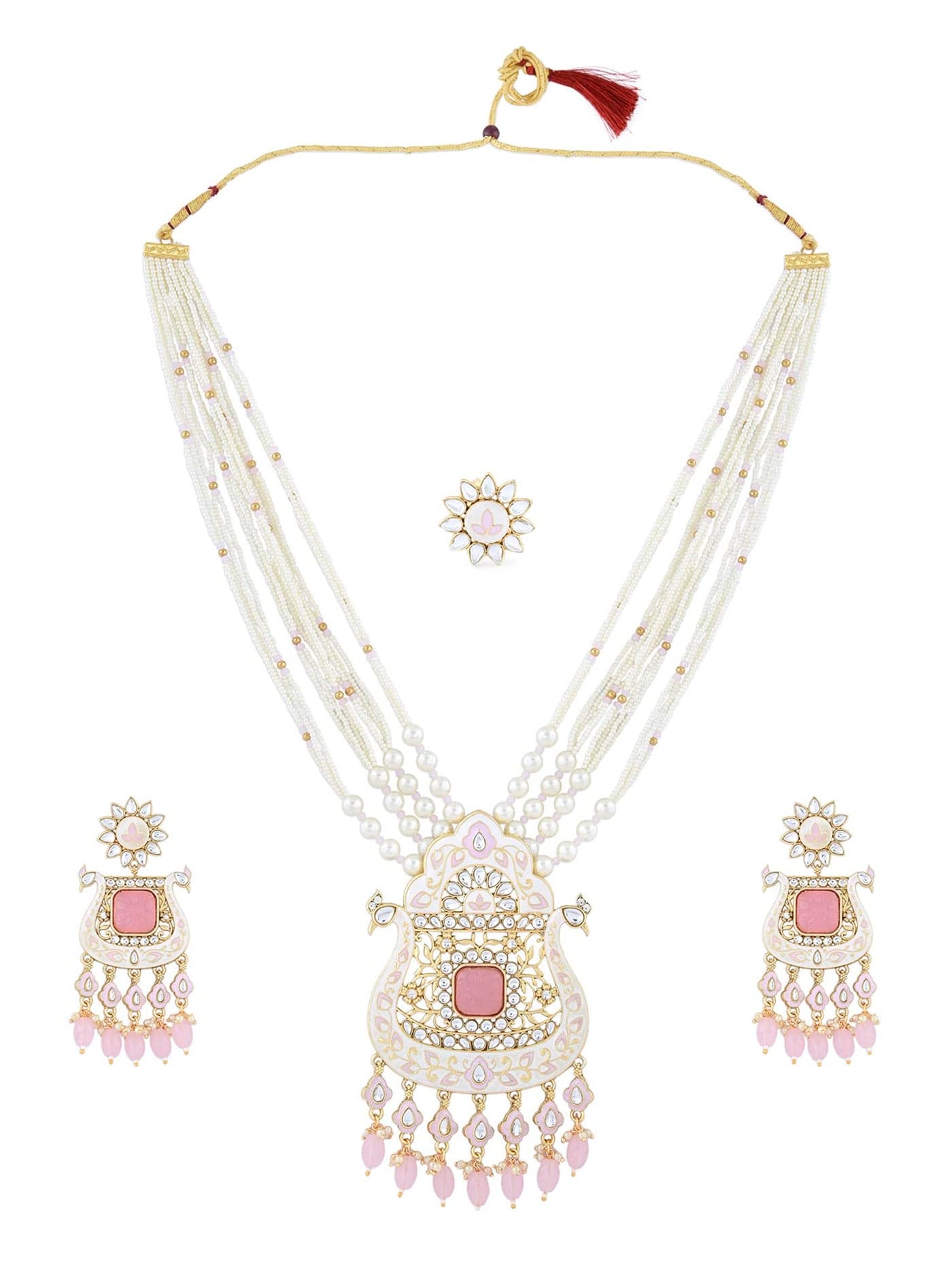 ZAVERI PEARLS Pink White Peacock Meenakari Multistrand Long Necklace Earring & Ring Set For Women-ZPFK21751