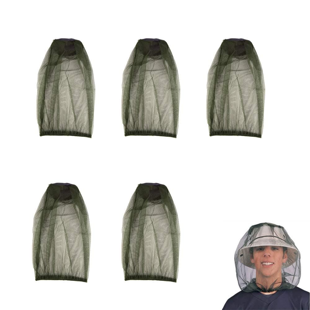 5 Pack Premium Mosquito Head Net Mesh Hat Face Netting Lightweight Durable Protective Cover Fly Insects Bugs Preventing for Camping Hiking Fishing Outdoor Activity