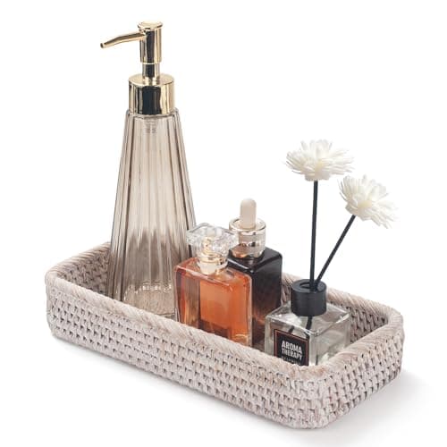 Rattan Bathroom Vanity Trays Toilet Tank Baskets Long Narrow Hand Towel Storage Basket for Storage, Decorative (Whitewash 10.2 x 4.9 x 1.6 inch)