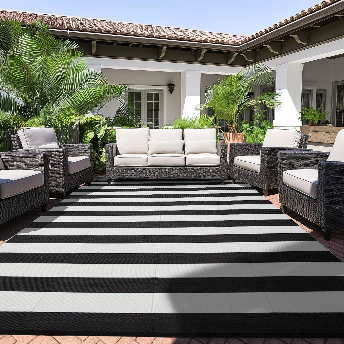 Strickland Home Outdoor Rug 8 x 10 ft Reversible Plastic Straw Rug for Patio Waterproof Large Outdoor Carpet for RV Patio Camping Backyard Deck Picnic Beach Black White