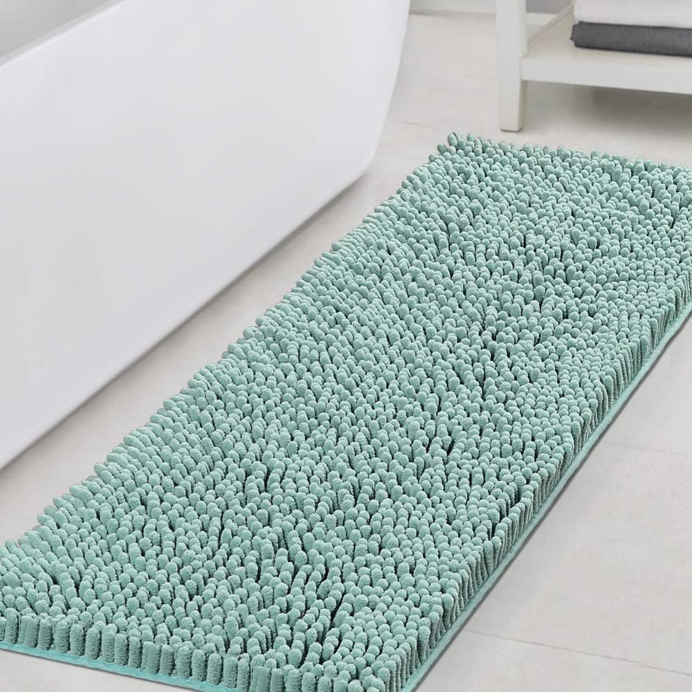 HVERSAILTEX Bath Mat Non Slip Luxury Chenille Bathroom Runner Rug 47x17 Extra Soft Absorbent Shaggy Washable Dry Fast Area Carpet Mat Tub Cool Blue