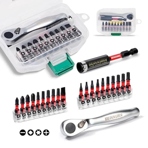 Geinxurn 22pieces Ratchet Bit Driver Set Magnetic S2 Steel 1Insert Bits Tips with BaseImpact Bit Holder and Mini Wrench with Storage Box