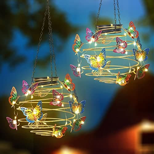 2 Pack Butterfly Solar Lights Outdoor Hanging Lantern with Handle, Solar Powered Butterflies Garden Decor for Outside Patio Yard Porch Pathway Butterfly Gifts for Women (Warm White LED Lights)