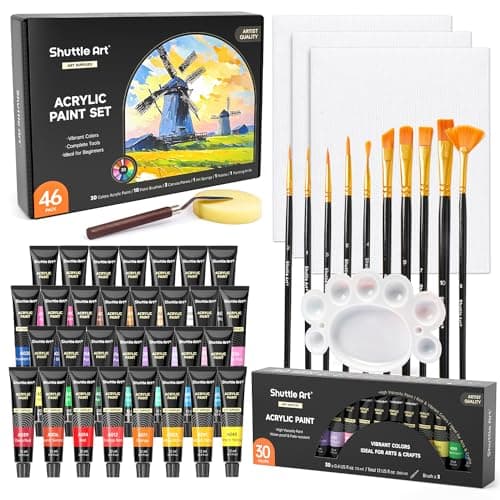 Shuttle Art 46 Pack Acrylic Paint Set 30 Colors Acrylic Paint with 10 Brushes 3 Canvas 1 Knife Palette Sponge Complete Painting Set for Kids Adults Beginners Painting Wood Ceramic