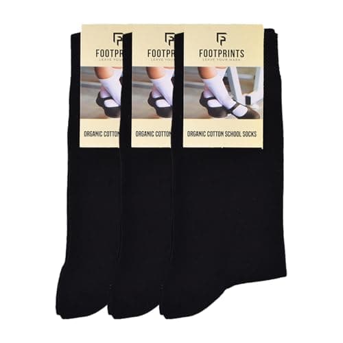 FOOTPRINTS Kids Organic Cotton School Socks - Unisex - Calf length- Pack of 3 (Black)- Extra soft and Breathable (5-8 Years)
