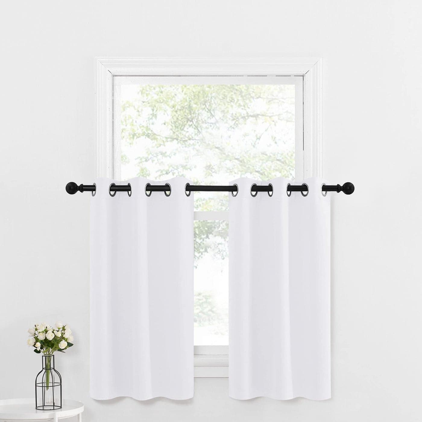 NICETOWN Pure White Valances for Basement Home Fashion Grommet Top Design Kitchen Curtain Tiers for Half Small WindowCamper RVThanksgiving 2Pack W29 x L36 12 inches Header Each Panel