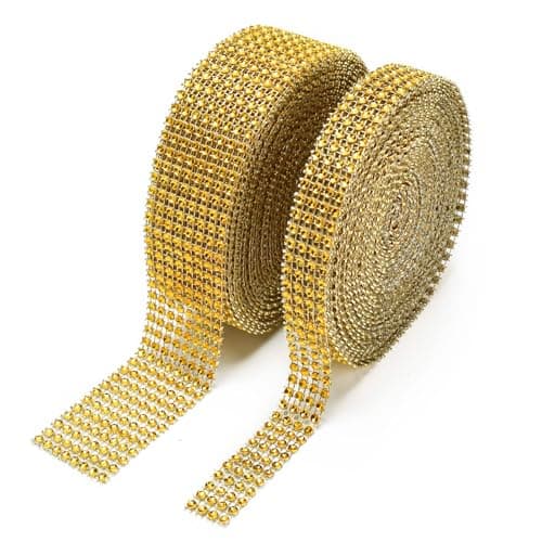 BTSDhome 20Yards Rhinestone Ribbon Roll Diamond Ribbon for Crafts Cake Birthday Decorations Wedding Baby Shower Event and Arts 2 Rolls Gold