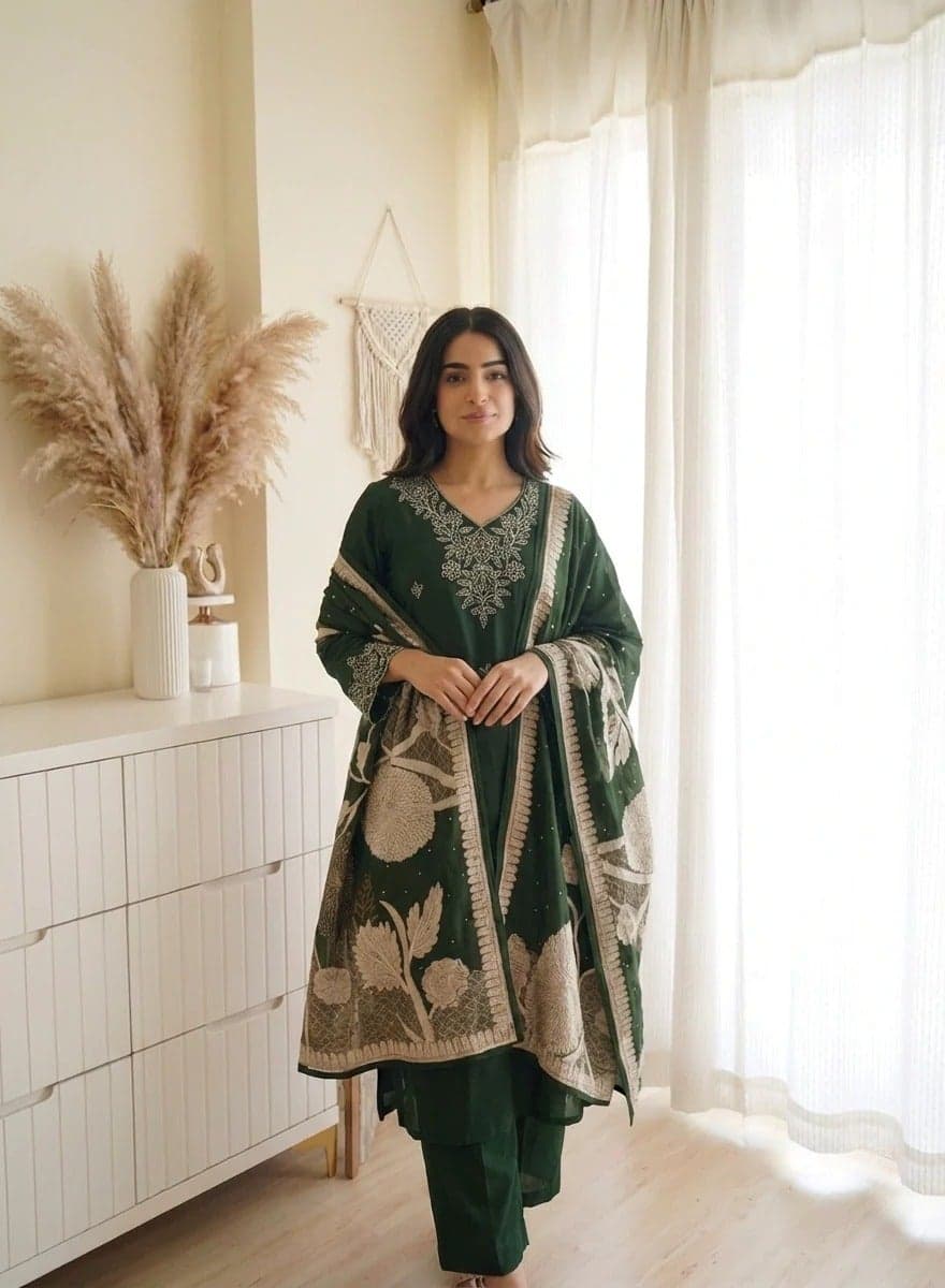 Women Green Embroidered Muslin Kurta Set with Dupatta and Straight Pants 3 Piece Ethnic Indian Pakistani Suit for Ladies