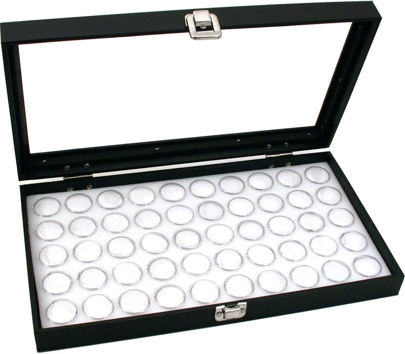 FindingKing Glass Top Jewelry Display Case Box White 50 Gem Jars