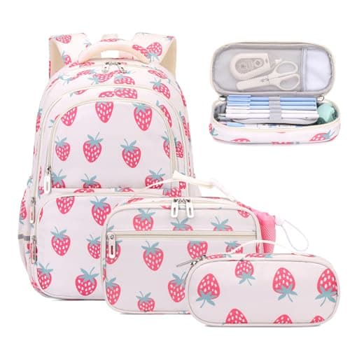 BEFUNIRISE School Backpack Kids Set Middle Elementary Preschool with Lunch Bag Pencil Case Bookbags for Boys Girls AStrawberry Beige