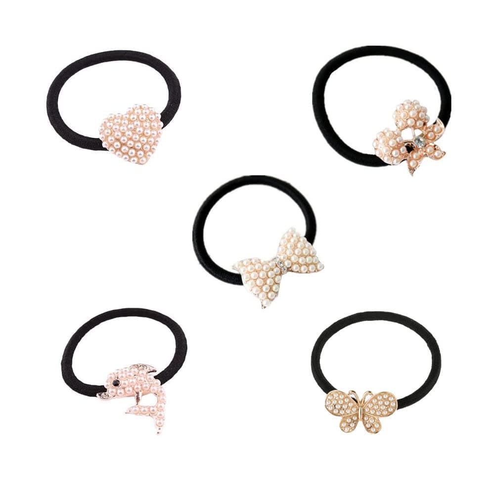 Lovef Beautiful Full Pearl with Crystal Rhinstone Flower Bow Fish Butterfly Design for Baby Children Girl Women Hair Accessories Elastic Tie Ponytail Holders Princess Hair Rope Rubber Bands5Pcs