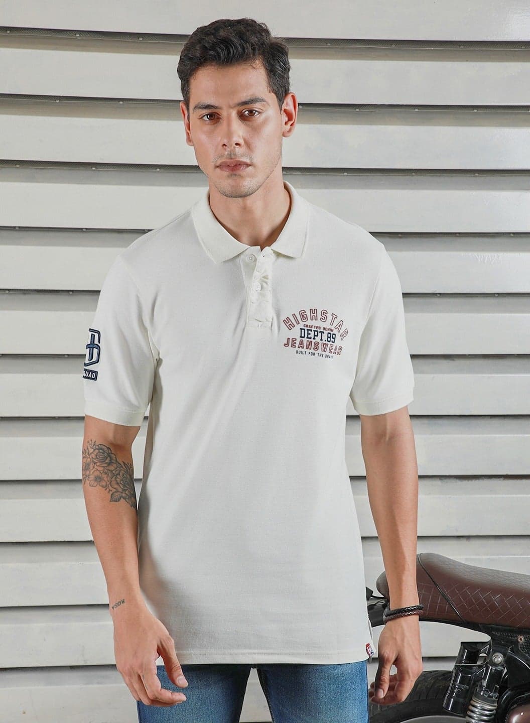 Off White Polo T-Shirt for Men, Casual Typographic Style