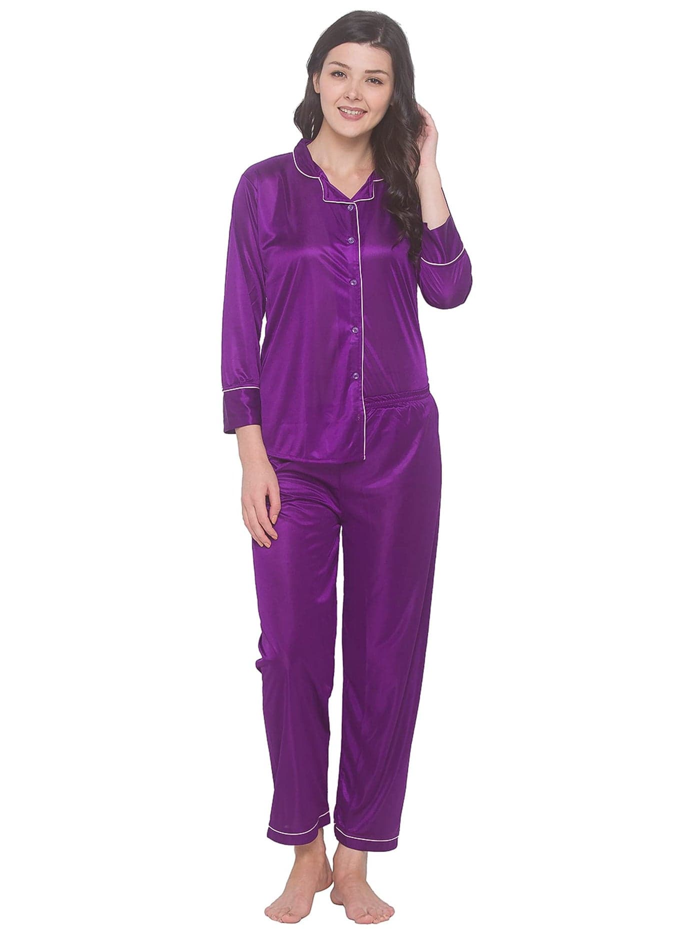 AV2 Women Satin 3/4th Sleeve Top and Pyjama Nightsuit Set Purple XXL