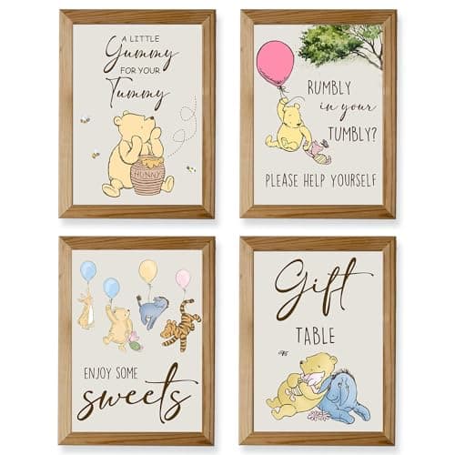 4PCS Winnie Table Sign Centerpieces Pooh Birthday Decorations A Little Yummy for Your Tummy for Baby Shower Decorations Welcome Baby Party Supplies8x10in