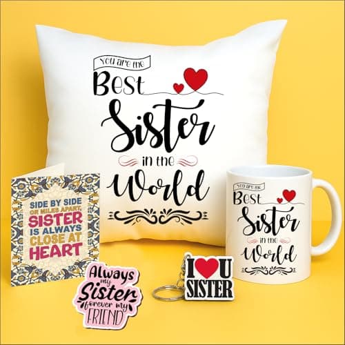 PICRAZEE Gift Combo for Sister – 12" Cushion with Filler, Ceramic Mug, Keyring, Fridge Magnet & Greeting Card | Birthday/Raksha Bandhan Gift Hamper
