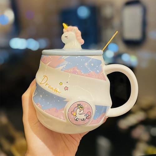 Spooky Unicorn Ceramic Mug with Lid and Spoon – 400ml Cartoon Coffee Cup for Kids, Girls & Women – Gift for Birthday, Office, Christmas, Valentine's Day – Ins-Style Animal Tea Mug (Blue)