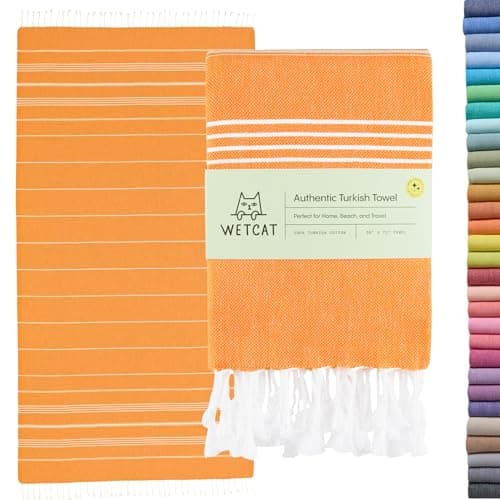 WETCAT Turkish Beach Towel Oversized (38"x71") 100% Turkish Cotton, Made in Turkey - Sand Free, Extra Large, Ultra Soft, Quick Drying, Compact & Lightweight for Travel - Orange