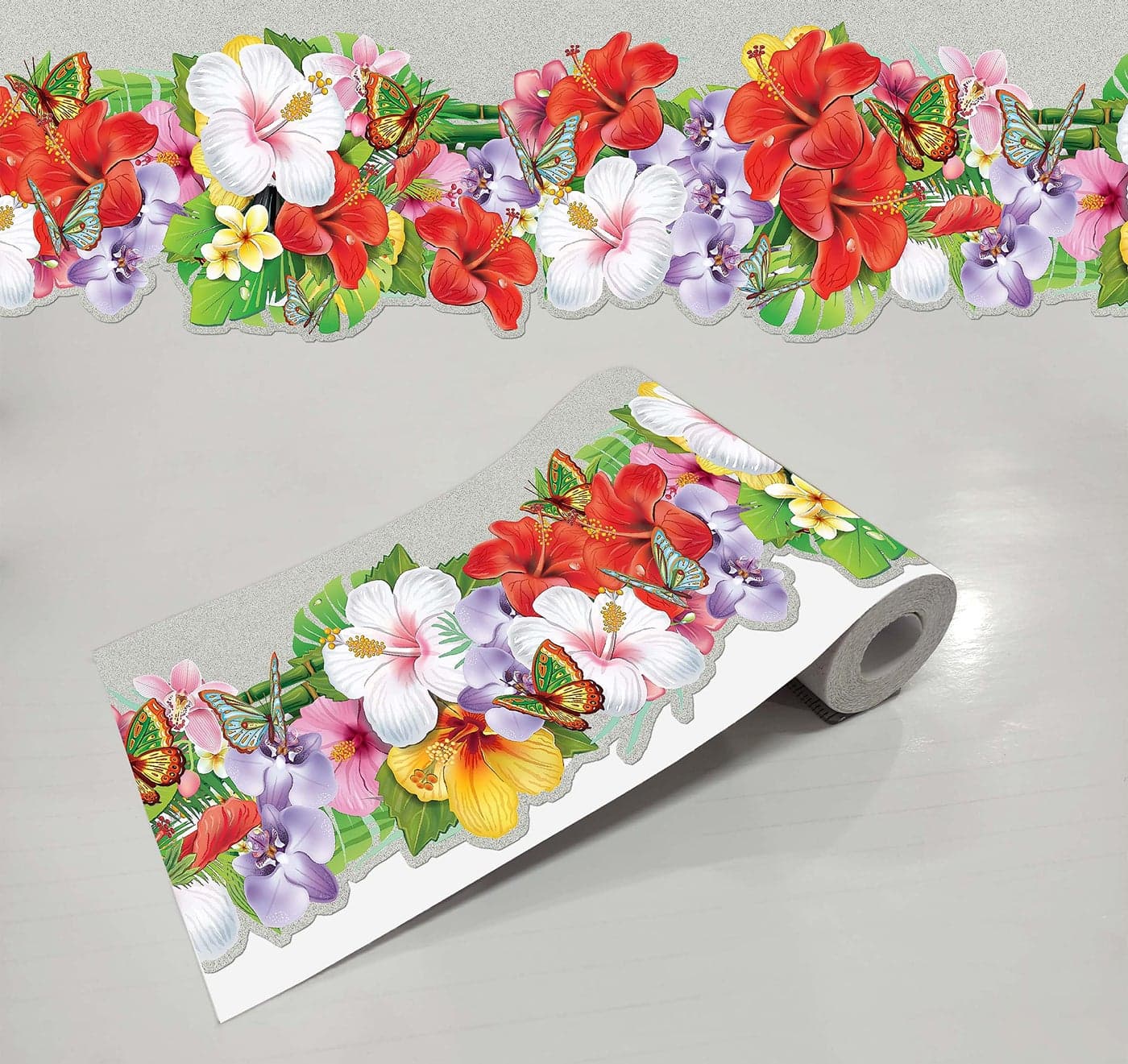 WallDesign Orchid Hibiscus Flowers with Butterflies Print Design & Contour Cut Wallpaper Border Sticker for Stylish Wall, Ceiling, Floor Skirting Decoration - 5.25 Inch Width x 5 Feet Length