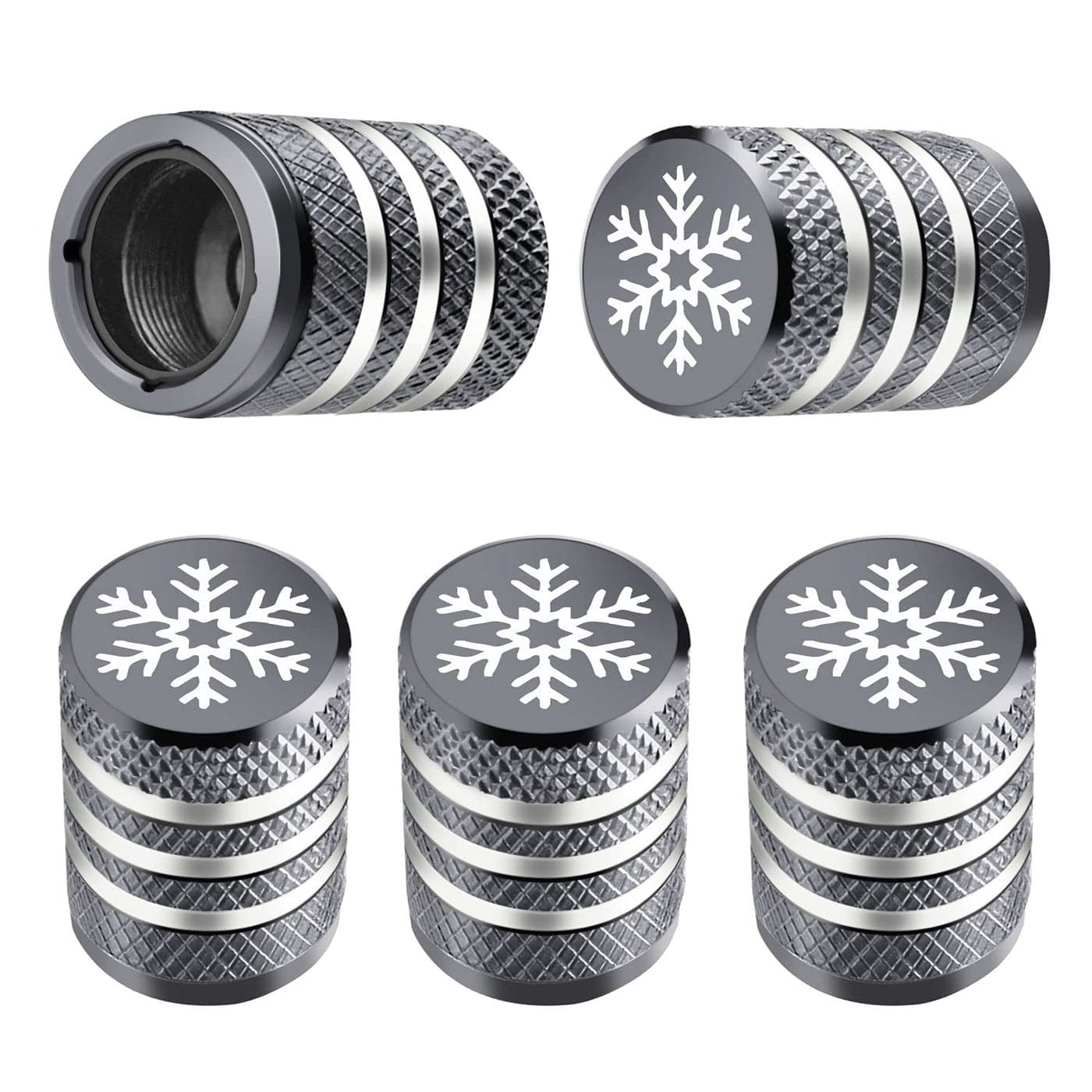 Tire Valve Stem Cap Cover 5 Pack Tire Air Caps Metal with Plastic Liner Corrosion Resistant LeakProof Snow Snowflake for Car Motorcycle Bike Grey