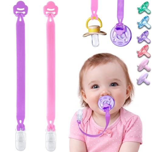 Silicone Pacifier Clip with Adapter Ring for Philips Avent Soothie 2 Pack OnePiece Soft Binky Clips Holder for Baby Girls Boys AntiLoss Paci Clips for Baby Shower Newborn EssentialsPink Purple