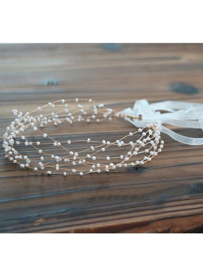Bridal Headpiece Wedding Headband - Pearl Vintage Wedding Hair Bands for Brides with Lace Ribbon (White Beads)