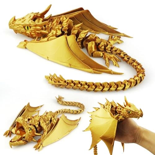 LehuoMaker 3D Printed Dragon with Wings Fidget Dragon Toys 3D Printed Animals Flexible Articulated Winged Crystal Dragon ModelHome Office Decor Desktop PetSilk Gold