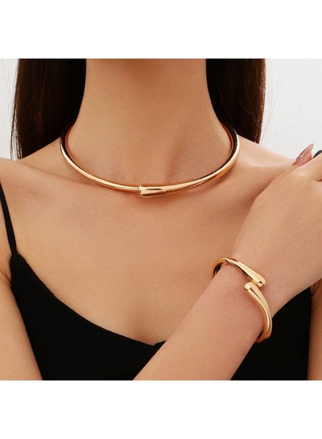 Exaggerated INS Minimalist Irregular Wave Pattern Choker and Bracelet Set, Smooth Open Women's Bangle Fashion Accessories