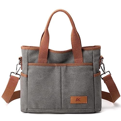 Women's Small Canvas Tote Purses Casual Multi-pocket Shoulder Crossbody Bag Everyday Handbags (Grey)