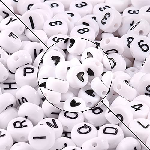 Yochus 1000pcs White Mixed Round Acrylic Beads 4x7mm Black Alphabet Number Heart Shape Beads for Jewelry Making and DIY Bracelets