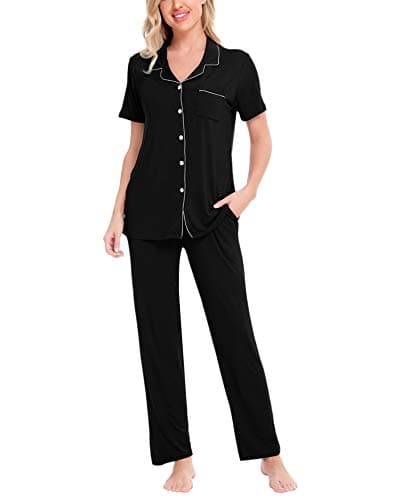 SWOMOG Women Pajama Sets Two-Piece Nightwear Short Sleeve Sleepwear Button Down Pj Lounge Sets with Long Pants Black