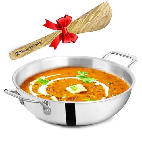 The Indus Valley Triply Stainless Steel Kadai 1.7 LTR/Kadhai with Wooden Spatula | Very Small, 20.3cm/8 inch, 1kg | Induction Friendly | Nonstick 3-Layer Body,100% Toxin-Free, No Chemical Coating