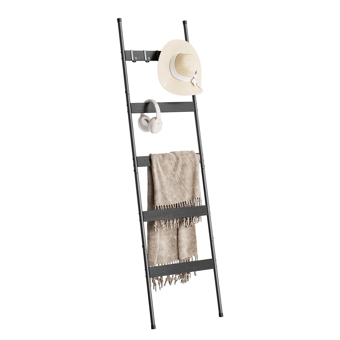 ELYKEN Blanket Ladder for Living Room Farmhouse 5Tier Quilt Holder with 4 Removable Hooks for Bathroom Wood Towel Rack Display Wall Anchor Leaning Decorative Stand for Home Black