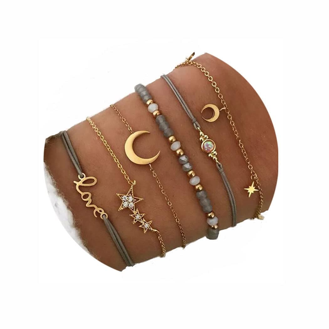 Aluinn Boho Rope Bracelet for Women Fashion Gold Moon Hand Catenary Star Lover Heart Chain Pearl Bracelet Jewelry for Women