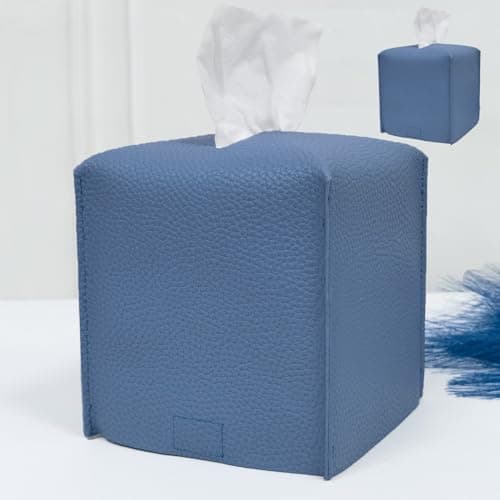 HOMOTEK 2 Pack Tissue Box Cover Square PU Leather Tissue Holder Decorative Facial Tissue Cube Paper Organizer Dispenser for Bathroom Night Stands Desk Car 5X5X5 Haze Blue Pebble Grain
