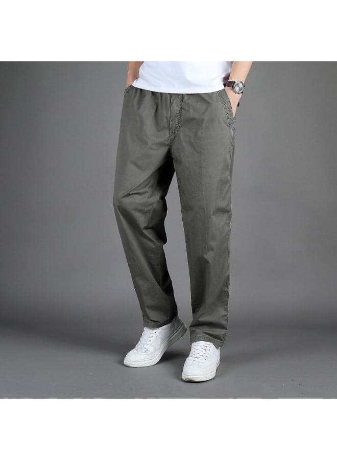 Men's Cotton Straight Leg Workwear Pants Summer Loose Fit Elastic Waist