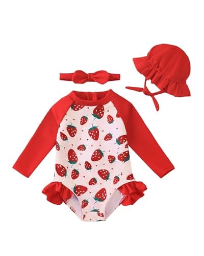 Renotemy Baby Girl Swimsuit 12-18 Months Back Zipper Bathing Suit Gifts Toddler Girls 18 Months Color Blocking Red Ruffle Summer Beach Essentials Long Sleeve One-Piece Rash Guard Swimwear with Hat