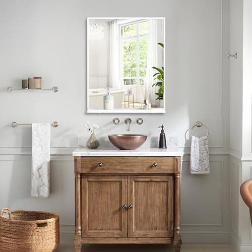 WONSTART Bathroom Mirror with Shelf, White Rectangle Wall Mirror Metal Frame, Hanging Horizontal or Vertical (24'' X 20'')