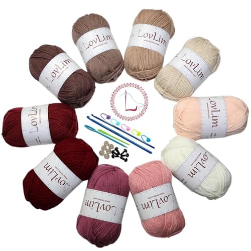 LovLim Crochet Yarn, 10x50g Soft Cotton Yarn Skeins, 1200+ Yards, for Crochet and Knitting, Free Crochet/Amigurumi Patterns, Craft DK Yarn Perfect Starter Kit (Pinkish_Brown)