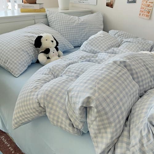 Nayoroom Gingham Duvet Cover Queen Size Reversible Blue Plaid Checkered Duvet Cover 3 Pieces Soft Breathable Washed Microfiber Girls Dorm Bedding Set for All Seasons