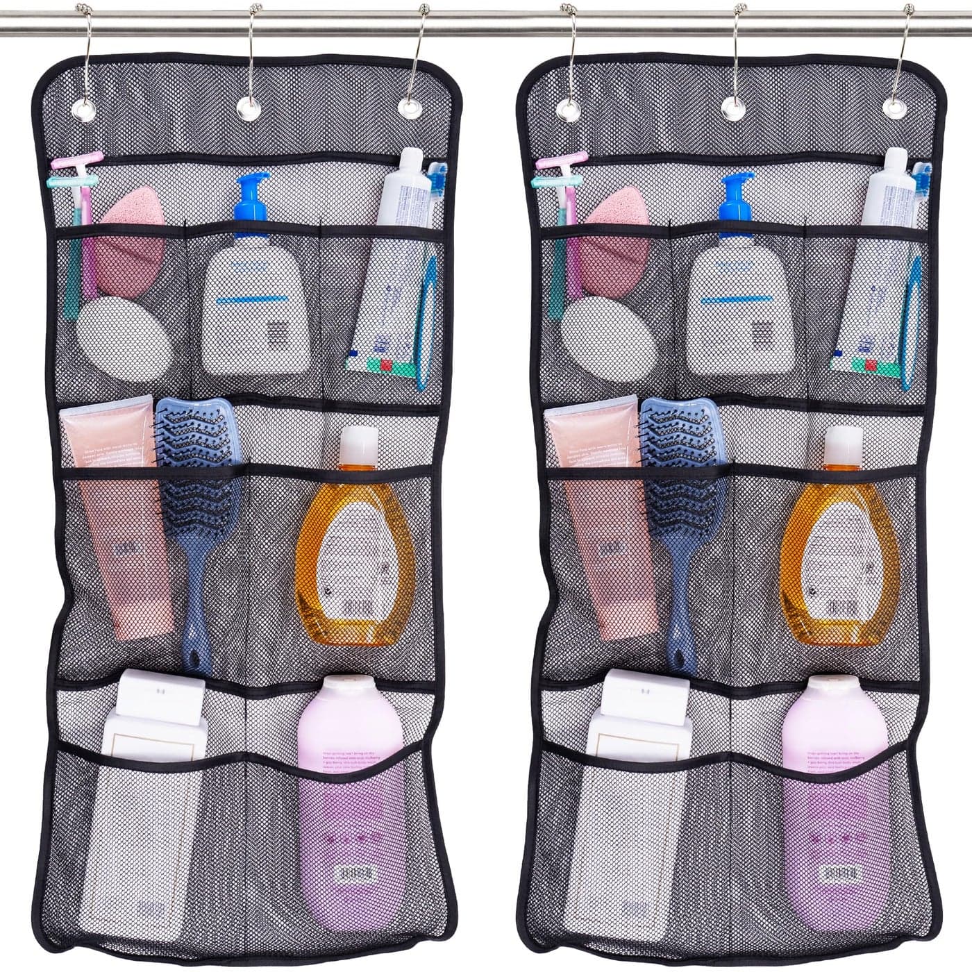 ST INC Shower Organizer Shower Caddy or Bathroom Organizer with Quick Drying Mesh 7 Pockets to Hold Shampoo Soap Loofah and Cruise Ship Essentials 14 Inch by 30 Inch Black 2 Pack