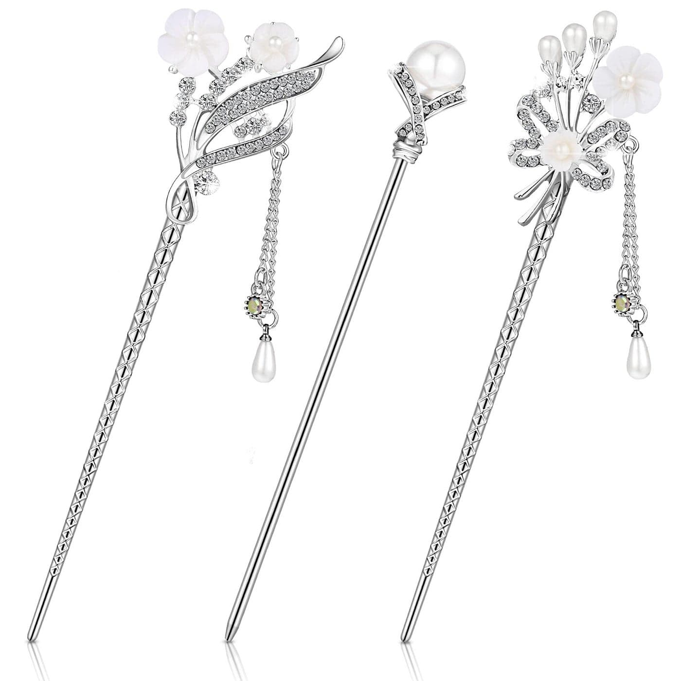 Waydress 3 Pieces Chinese Hair Stick Japanese Hairpin Hair Chopsticks for Women Pearl Rhinestone Flower Hair Accessories Vintage Tassel Handmade Chignon Jewelry(Traditional Style)