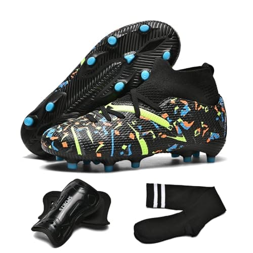 OKPHRA Kids Soccer Cleats Boys Girls Youth Football Shoes for Little/Big Kid Outdoor Indoor Firm Ground Athletic ,with Shin Guards and Soccer Socks Black 35